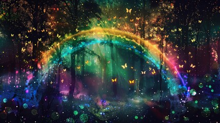 Magical forest with colorful butterflies and a vibrant rainbow; a surreal, enchanting scene full of vivid colors and fantasy elements.
