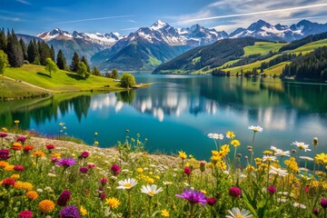 Serene alpine landscape showcasing vibrant wildflowers in a lush meadow, majestic snow-capped mountains, and turquoise lake waters under a clear blue sky near Zell am See, Austria.