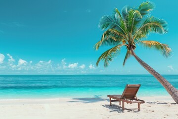 Chaise lounge near palm tree on beach sand with blue sea