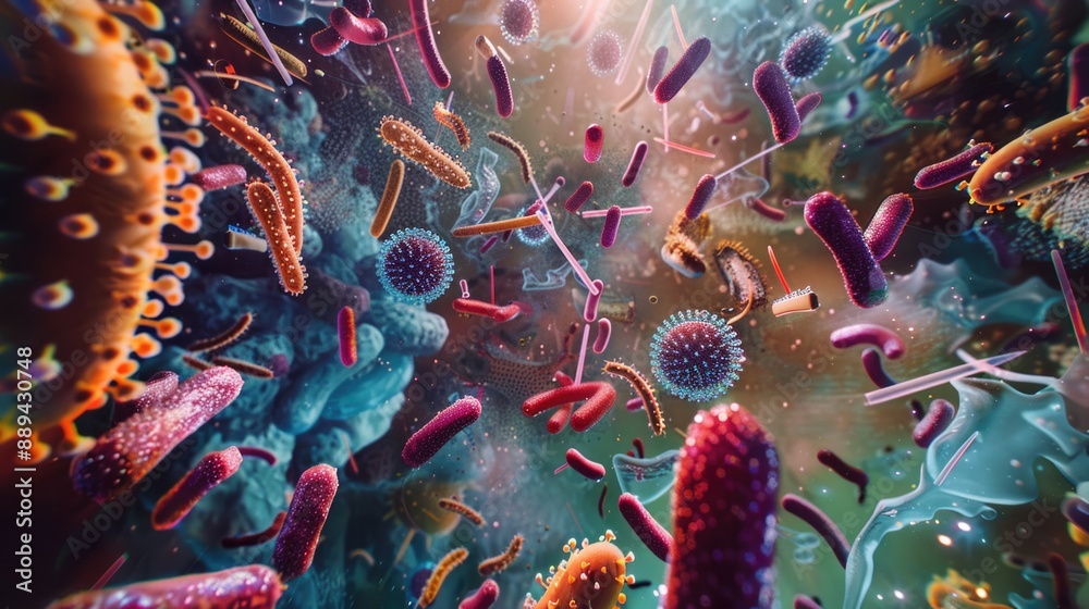 Poster A collection of various bacteria and other microorganisms found on surfaces and objects in a typical room
