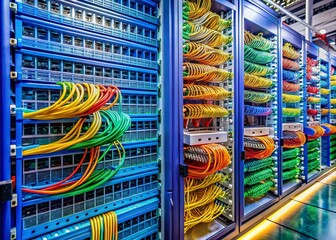 Colorful internet LAN cables organized in a modern server room, connecting to routers and switches, for storing and transmitting information through a secure digital network.