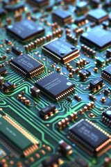 A close up of a computer chip with a blue background. The chip is lit up with orange lights