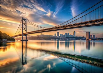 Elegant curve of a suspension bridge stretches above calm waters, with subtle cityscape in the distance, ideal for fashion and travel editorials.