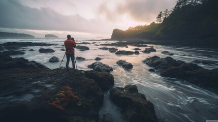 Photographer Capturing the Serene Sunset Over the Pacific Ocean