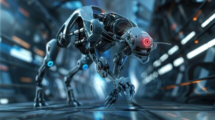 Fototapeta premium A robot with red eyes and blue legs is walking through a room