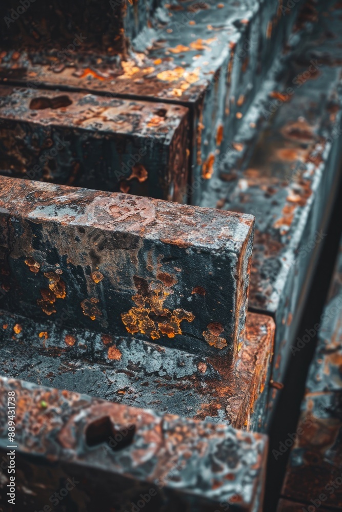 Poster a detailed view of a rusty metal structure, ideal for use in industrial or decay-themed contexts