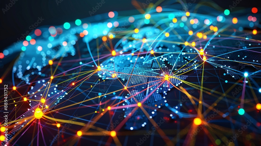 Poster an abstract digital map showing interconnected nodes and lines, symbolizing global network and conne