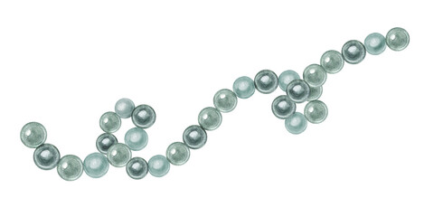 Exquisite sea pearl necklace. Grey green beads. Bijouterie and jewelry. Wavy nacreous string. Female accessories for party. Watercolor illustration for holiday design, invitation, greeting