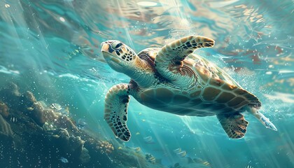 Obraz premium Illustration for world oceans day with a sea turtle swimming in clear ocean.