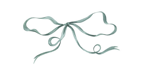 Dusty green satin bow. Cute coquette aesthetic. Decorative ribbon. Watercolor illustration. Design element for flower bouquet, hair braiding or gift accessory. Birthday, Valentine day, Christmas cards
