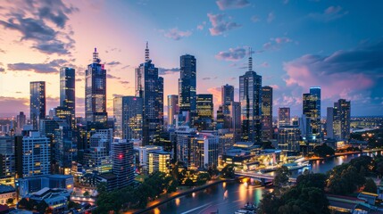Fototapeta premium Cityscape at Sunset With Skyscrapers and River