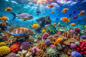 Vibrant colorful coral reef ecosystem teeming with diverse marine life, including fish, sea turtles, and stingrays, in a crystal-clear turquoise ocean background.