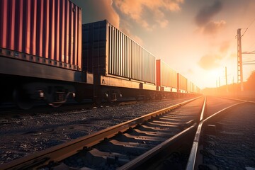 Obraz premium container train moving steadily along railway tracks, with containers arranged in precise rows under the soft glow of sunset.