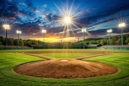 Sun-drenched baseball field with freshly cut grass and vibrant stadium lights, showcasing empty baselines and a well-manicured pitcher's mound in the foreground.