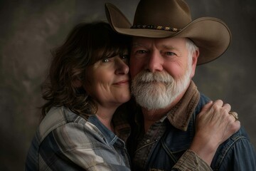 Portrait of a tender couple in their 50s wearing a rugged cowboy hat over plain cyclorama studio wall