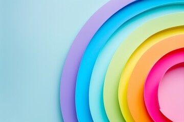 Obraz premium Rainbow-colored arcs overlaid on each other, forming a layered and vibrant design against a pastel blue backdrop.