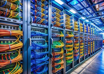 Modern server room with rows of sleek hardware, a tangled web of colorful internet LAN cables connecting devices, securing data transmission and storage.