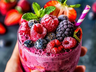 Refreshing berry smoothie topped with vibrant fresh berries, mint leaves, and a striped straw, perfect for healthy summer indulgence.