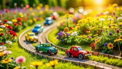 Colorful toy racing cars speed along a sunny miniature track surrounded by vibrant flowers and lush green grass, capturing the essence of childhood joy and energy.