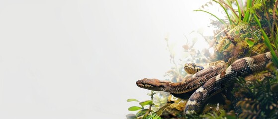 Fototapeta premium A snake is laying on the ground in a forest