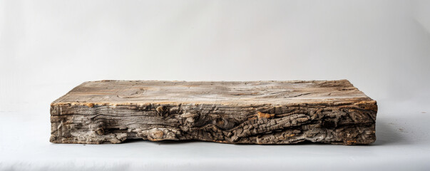 Fototapeta premium An old wooden podium with a rough, textured finish, ideal for showcasing natural beauty products. The clean white background provides a modern contrast to the rustic wood.