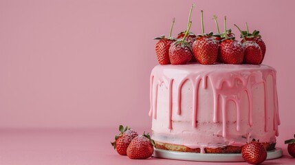 This delectable image features a strawberry cake with dripping pink icing, with copy space