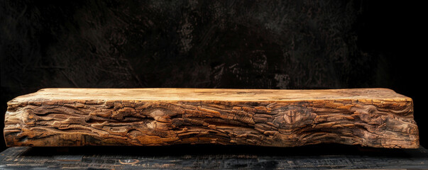 An old wooden podium with a rough, textured finish, ideal for showcasing natural products, set against a bold black background. The contrast enhances the organic feel of the display.
