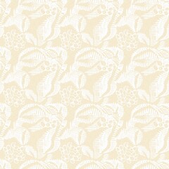 Modern white on cream lace effect wedding background texture. Soft tonal linen openwork block print with subtle hand drawn lattice damask printed fabric backdrop. 