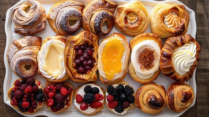 A tray of assorted pastries, including fruit tarts and cream puffs