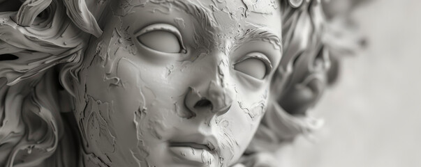 Detailed monochrome sculpture of Eos, the Greek goddess, with a gentle and radiant expression, symbolizing the dawn.