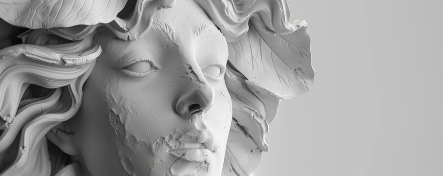 Detailed monochrome sculpture of Eos, the Greek goddess, with a gentle and radiant expression, symbolizing the dawn.