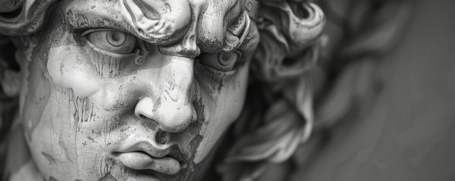 Detailed monochrome sculpture of Nemesis, the Greek goddess, with a stern and unforgiving expression.