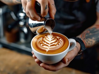 Barista creating beautiful latte art with milk pouring into freshly brewed coffee in a cozy cafe setting.