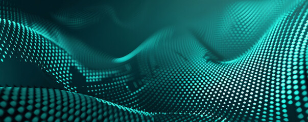 Futuristic minimalist background featuring large halftone dotted circles in gradient teal tones, forming a dynamic tech pattern.
