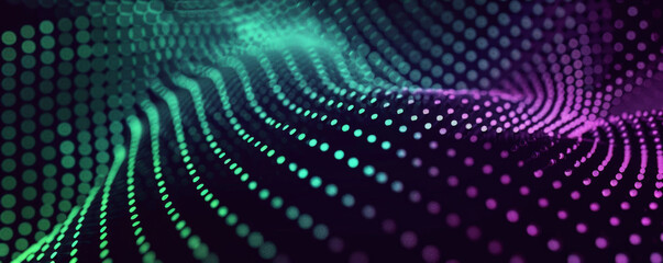 Minimalist tech background with halftone dotted circles in vibrant green and purple tones, forming a futuristic pattern on a dark background.