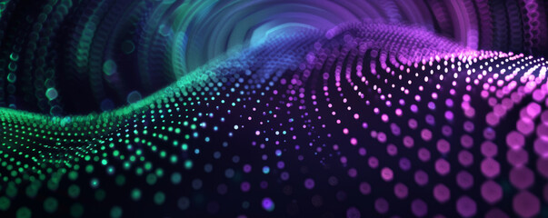 Minimalist tech background with halftone dotted circles in vibrant green and purple tones, forming a futuristic pattern on a dark background.