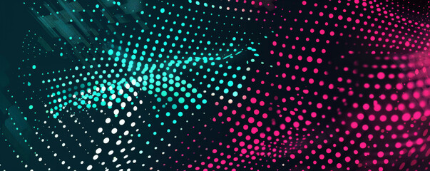 Minimalist tech background with halftone dotted circles in vibrant pink and teal tones, forming a futuristic pattern on a black background.