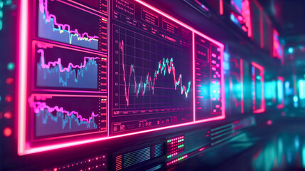 A futuristic neon room with glowing diagrams, charts depicting data analysis of cryptocurrency growth and decline on the stock market walls with digital technology displaying financial status exchange