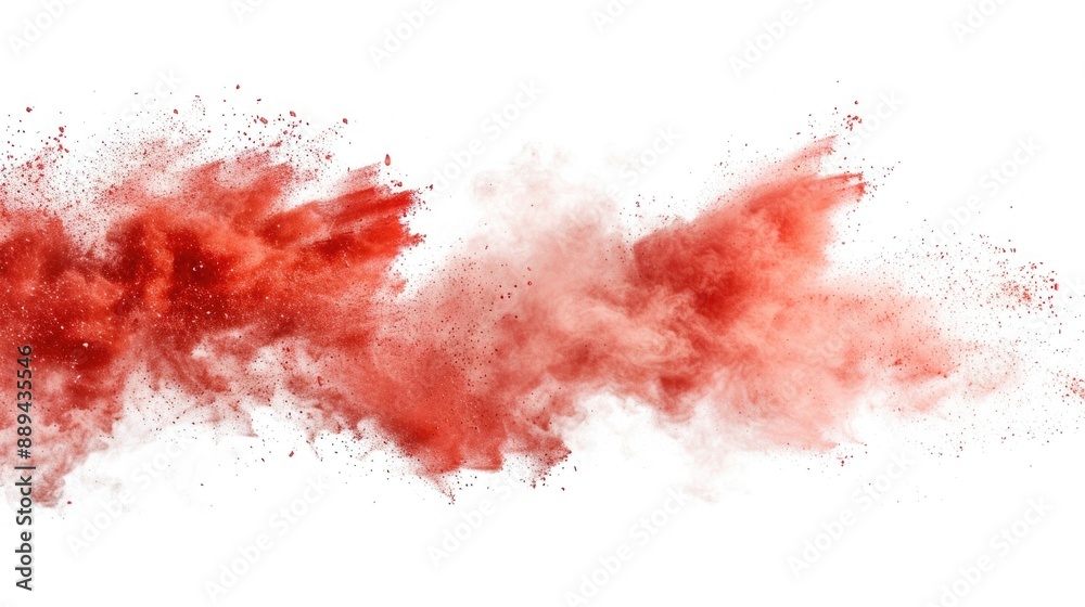 Poster a dramatic shot of a red powder explosion on a white background, ideal for use in news or science re