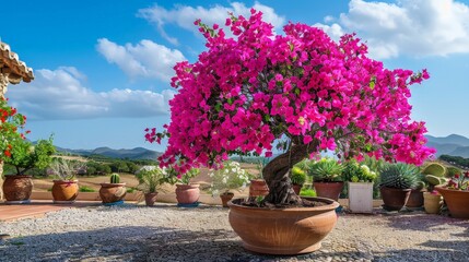 Fototapeta premium Vibrant bougainvillea bonsai tree with pink flowers in a Mediterranean garden
