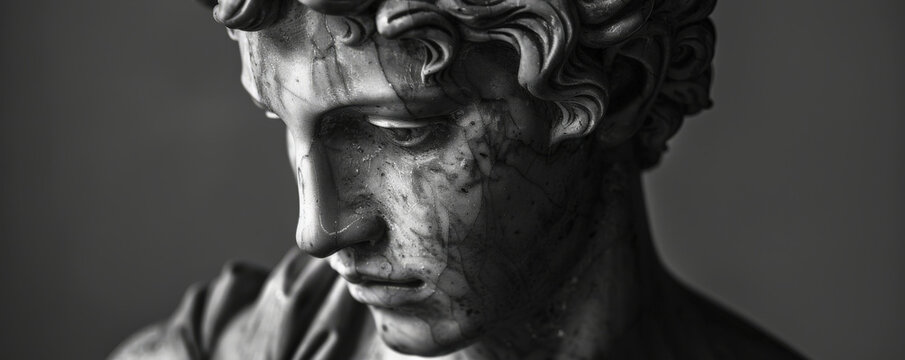 Monochrome sculpture of Eros, the Greek god, highlighting his youthful and playful expression.