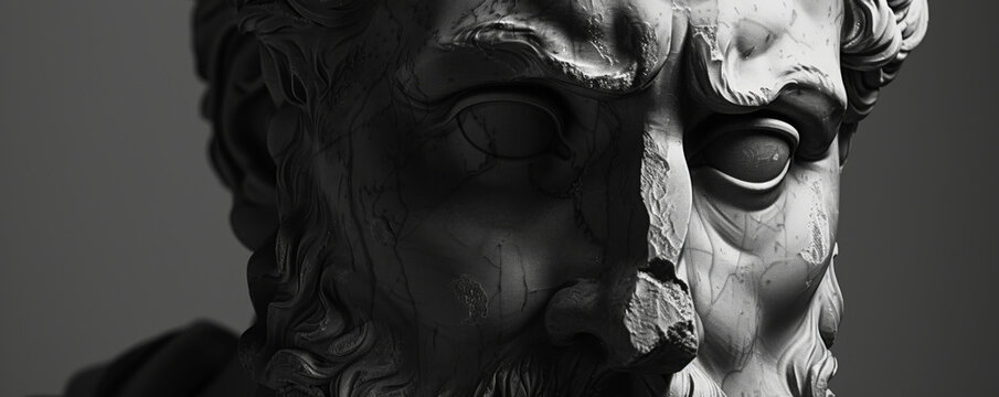 Monochrome sculpture of Hades, the Greek god, with a dark and brooding expression, emphasizing the depth of his eyes.