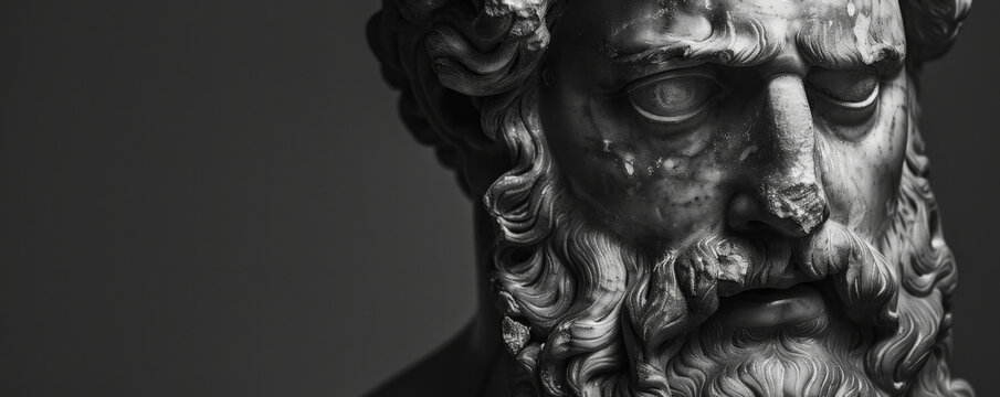 Monochrome sculpture of Hades, the Greek god, with a dark and brooding expression, emphasizing the depth of his eyes.