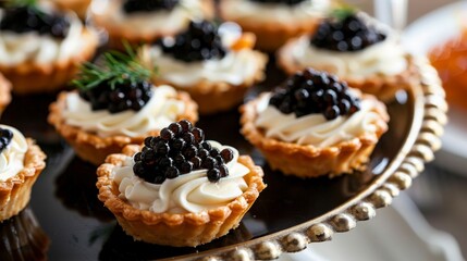 Small tartlets filled with a creamy mousse and topped with caviar, displayed elegantly on a stylish platter