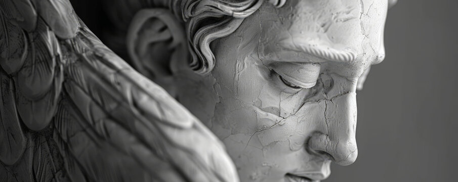 Monochrome sculpture of Thanatos, the Greek god, with a calm and solemn expression, representing the peace of death.