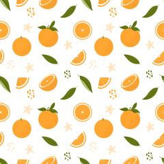 Seamless pattern with oranges, leaves and flowers on a white background. Vector tropical fruit pattern with texture. Oranges blossom. Trendy design for wrapping paper, textile, fabric.