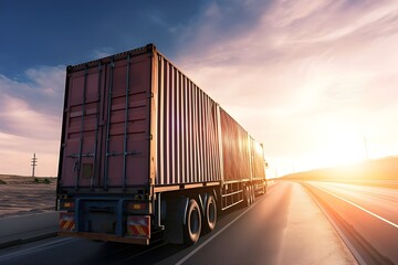 Obraz premium A cinematic perspective of a container truck navigating a rural highway, with containers neatly stacked and secured under the soft glow of sunrise.