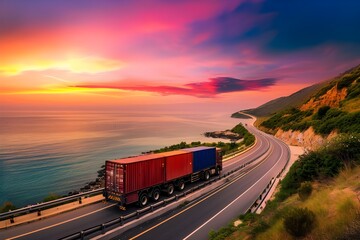 A panoramic shot of a container truck traveling along a coastal highway, with containers arranged meticulously on its trailer under a sky painted with hues of orange and pink during sunset