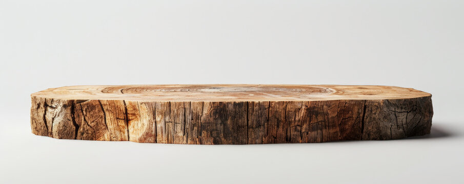 Old, rustic wooden podium with visible knots and grains, perfect for presenting natural beauty products. The stark white background enhances the organic feel of the display.