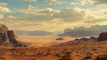 Wide shot of a dramatic desert landscape. 